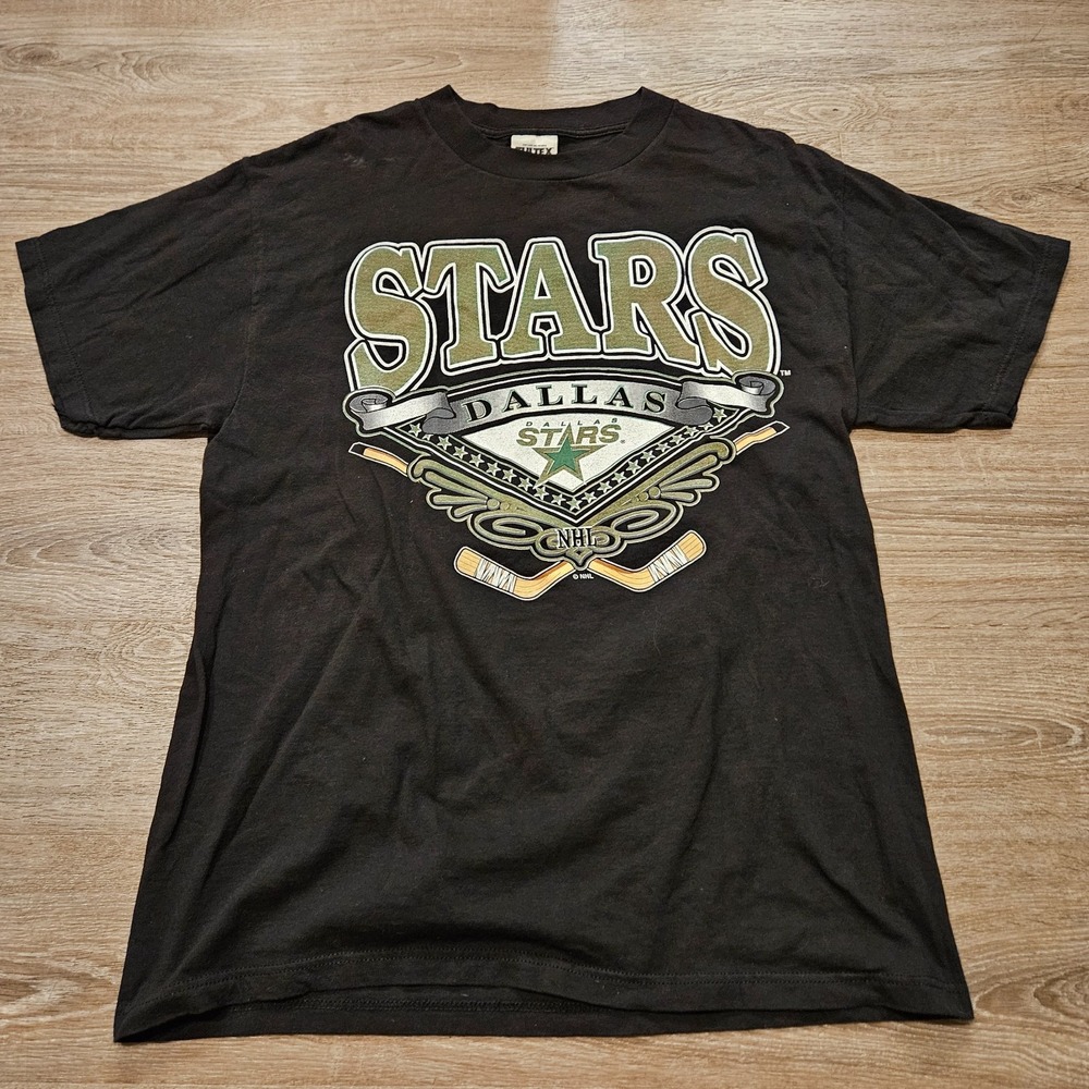 Vintage 90s Dallas Stars T Shirt Mens L Black Tultex NHL Hockey Graphic Tee